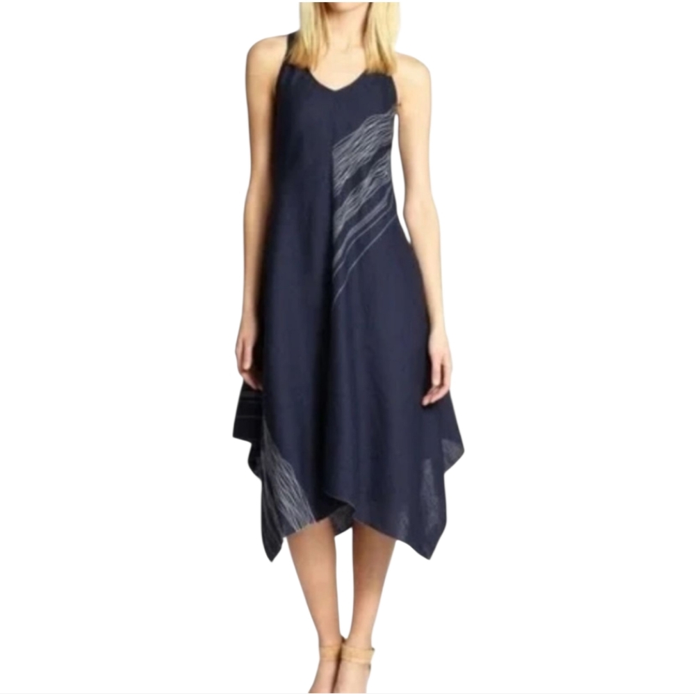 Eileen Fisher Navy Blue Irish Linen Asymmetric Handkerchief Hem Dress Sz M EUC